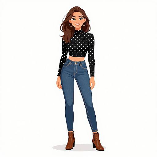 Digital illustration of a smiling woman with long brown hair, wearing a black polka dot long-sleeve crop top, high-waisted blue jeans