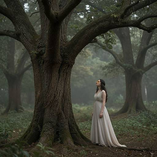 Photograph of a pale woman in a white, flowing dress, standing under a large tree in a misty forest, looking upward. Dark hair,
