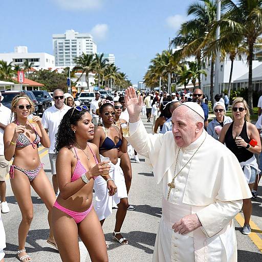 Photograph of Pope Francis in white robes waving, surrounded by sunbathing women in bikinis and spectators on a sunny street with palm trees and high