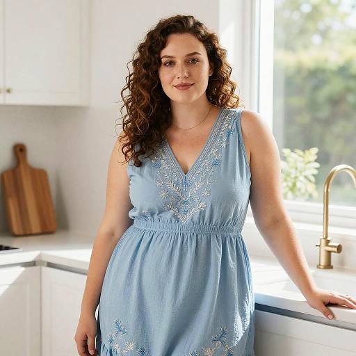 Photograph of a pregnant woman with curly brown hair, wearing a blue sleeveless dress with white floral embroidery, standing in a bright, sunlit kitchen