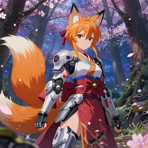 Anime-style digital artwork of a fox-eared, orange-haired female warrior in white and red armor with robotic arms, standing in a cherry blossom forest.