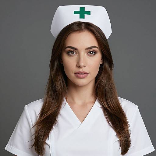 Photograph of a young woman with long brown hair, wearing a white nurse's uniform and cap with a green cross, against a gray background.