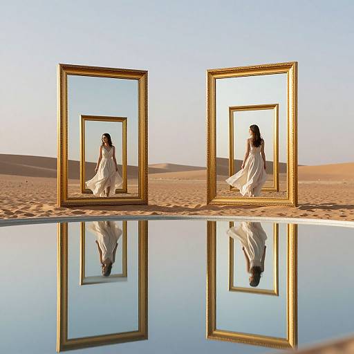 Photograph of a woman in a flowing white dress reflected in two large, ornate gold frames on a sandy desert, with her reflection mirrored on a