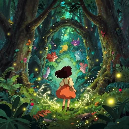 Digital anime-style artwork of a girl in an orange dress, facing a magical forest archway with glowing fireflies and colorful, ethereal creatures.