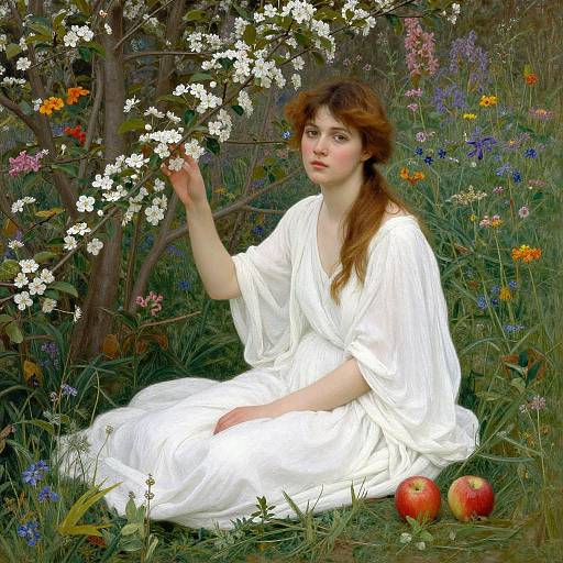 Pre-Raphaelite painting of a fair-skinned woman with brown hair in a white dress, sitting in a lush, colorful garden, picking white flowers
