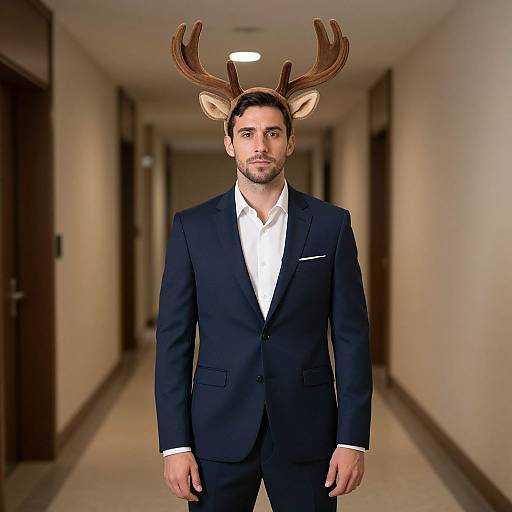Photograph of a bearded man in a black suit, white shirt, and reindeer antlers standing in a beige hallway.
