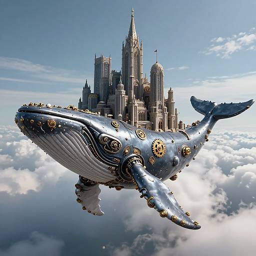 Digital art: Steampunk whale with golden gears flying above a futuristic cityscape, surrounded by clouds, under a bright blue sky.