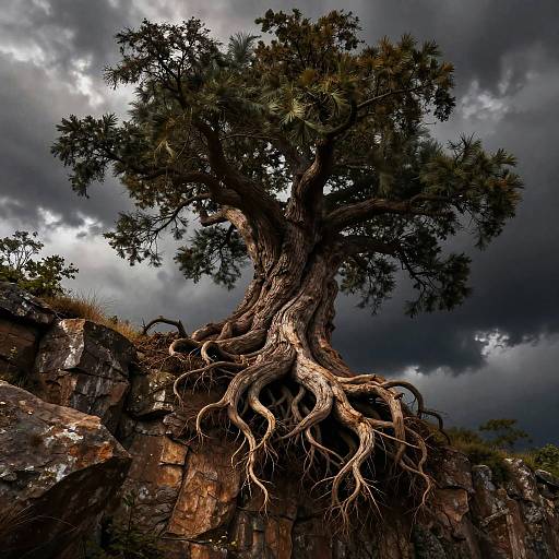 Ancient Tree on Cliff in Storm