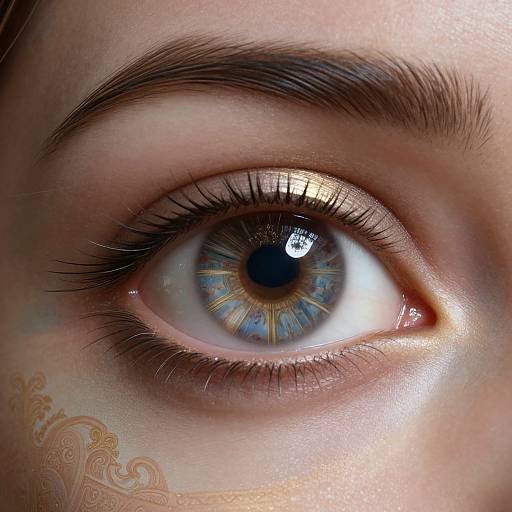 Close-up photograph of a blue-gray eye with golden flecks, long black eyelashes, and detailed eyebrows, featuring a subtle, ornate tattoo on
