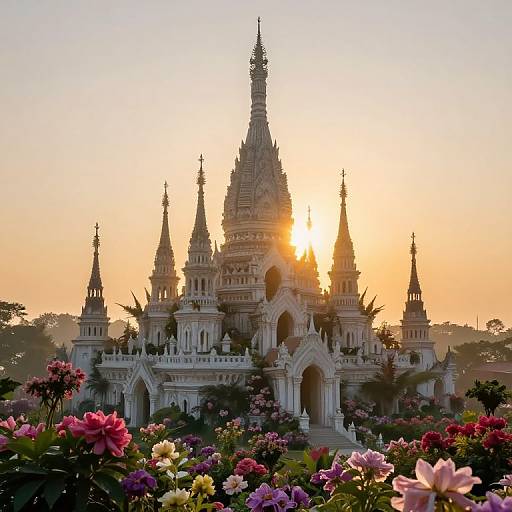 Photograph of a grand, Gothic-style castle with intricate spires at sunset, surrounded by vibrant, colorful flowers in the foreground.
