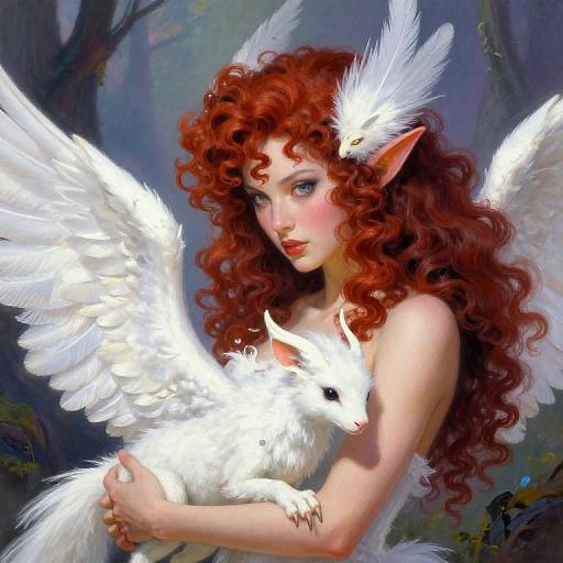 Digital fantasy painting of a red-haired elf with curly hair, white wings, and pointed ears, embracing a white feathered creature in a mystical forest.