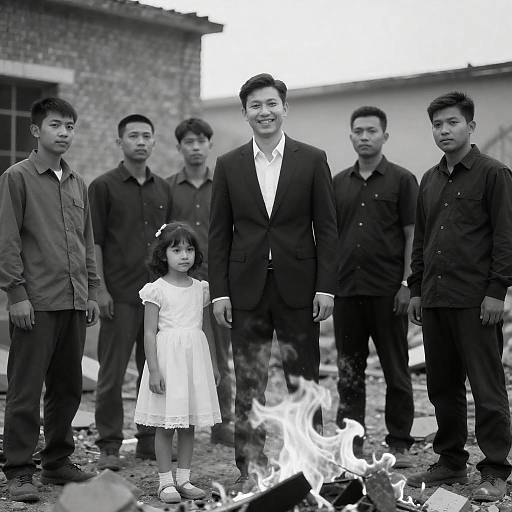 Smiling Man Amid Rubble and Flames