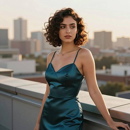 Young Woman in Teal Satin Evening Gown on Rooftop