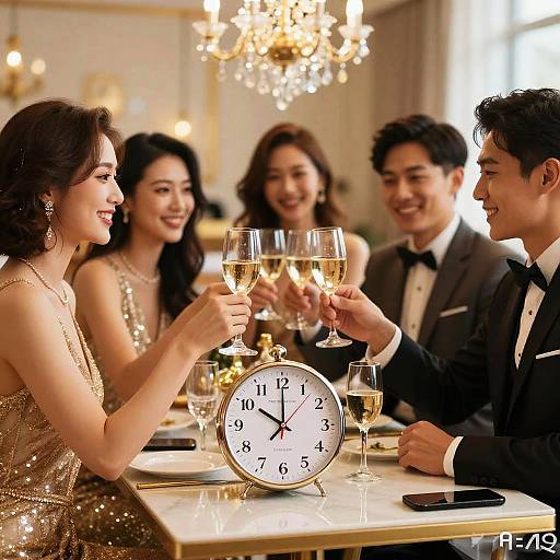 Photograph of five elegantly dressed Asian individuals in formal attire, toasting with champagne glasses at a luxurious dining table with a clock and chandelier.