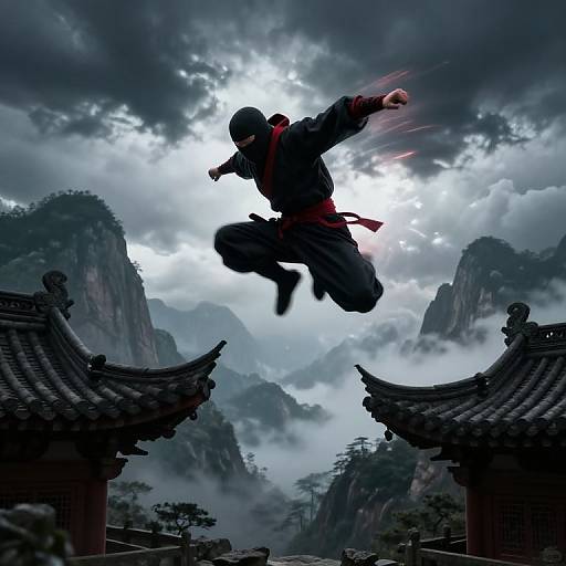 Silhouetted martial artist leaps between traditional Chinese temple roofs, surrounded by misty, mountainous landscape under a dramatic, cloudy sky. Digital art