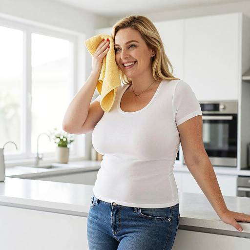 Photograph of a smiling, blonde Caucasian woman in a white t-shirt and blue jeans, holding a yellow towel in a bright, modern kitchen.