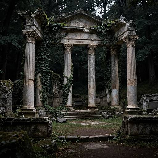 Photograph of an ancient, weathered stone temple with four Corinthian columns, overgrown with ivy, set in a dark, dense forest.