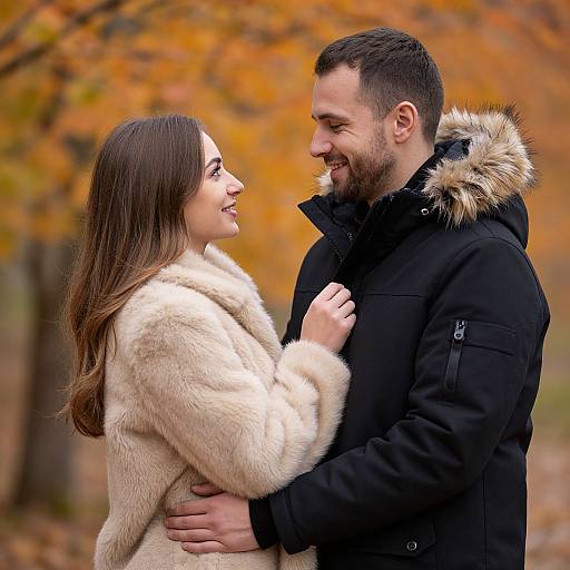 Photograph of smiling couple in autumn; woman in beige fur coat, man in black parka with fur hood, standing in orange-leaved forest.