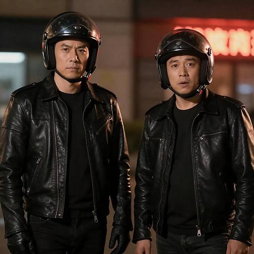 Dimly Lit Bikers with Helmets