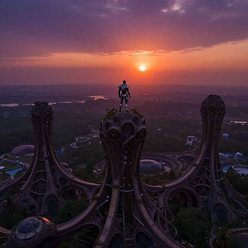 Digital artwork of a futuristic, robotic figure standing on a complex, arch-shaped structure at sunset, with vibrant purple and orange sky.