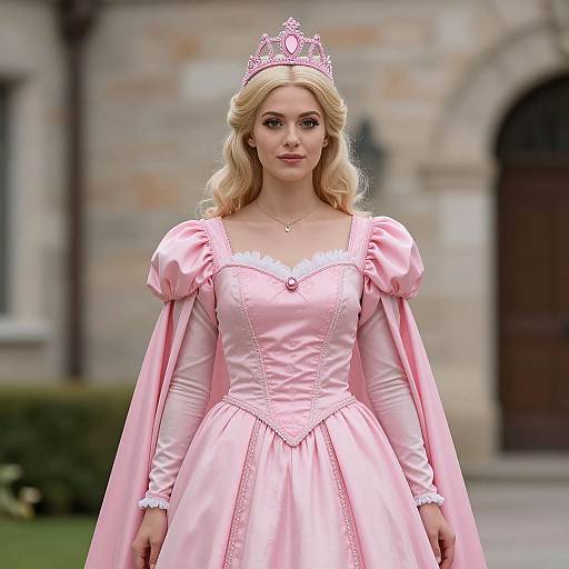 Photograph of a blonde woman in a pink princess dress with puffed sleeves, white lace trim, and a pink tiara, standing in front of