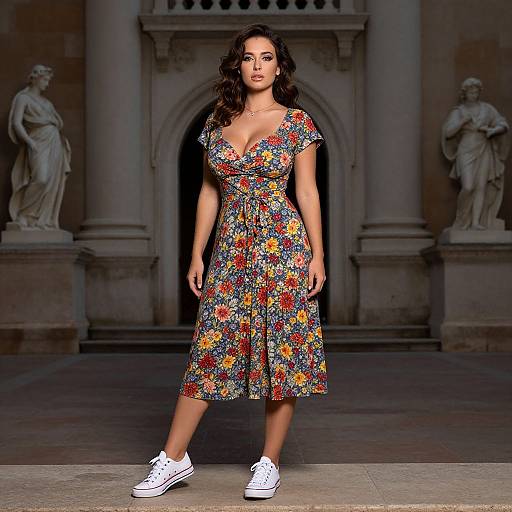 Photograph of a curvy woman with long dark hair, wearing a colorful floral dress and white sneakers, standing in front of classical statues in a grand