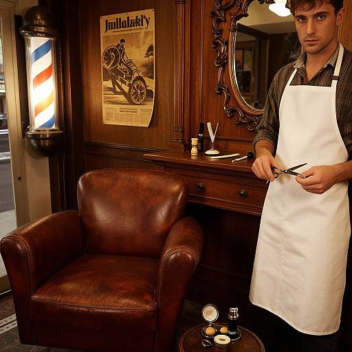Photograph of a young male barber with dark hair, wearing a white apron, standing in a vintage wooden-walled barbershop with leather chair