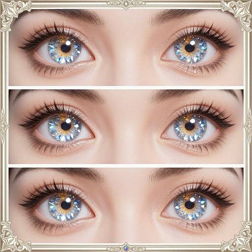 Close-up photograph of a woman's blue eyes with sparkling reflections, black eyelashes, and light skin, arranged in a triptych format. Orn