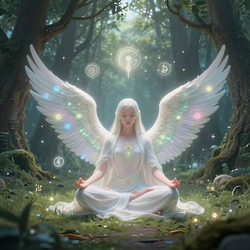Digital art: Angelic woman with white wings and glowing lights, meditating in a mystical forest, wearing a flowing white robe.