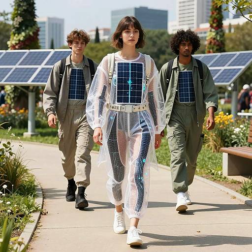 Photograph of three people walking in a sunny park, wearing solar panel-covered outfits; central figure in white mesh, flanked by two in green jumps