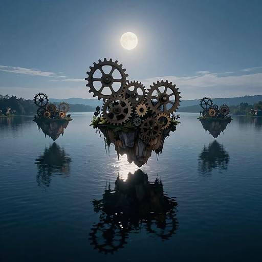 Surreal Moonlit Lake with Floating Islands