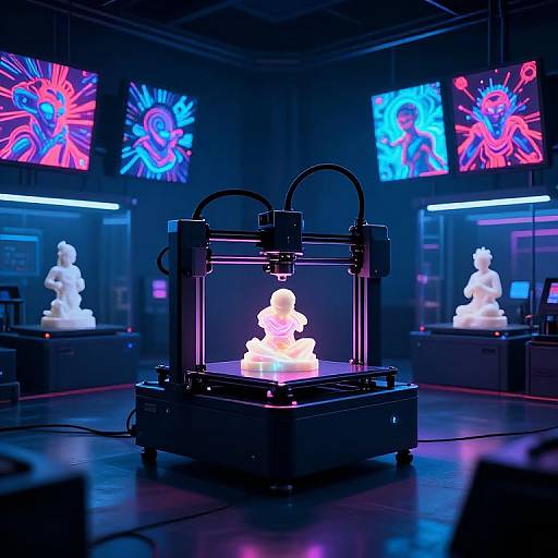 Photograph of a neon-lit, futuristic gallery with a 3D printer creating a glowing white statue, surrounded by vibrant, neon digital artworks on