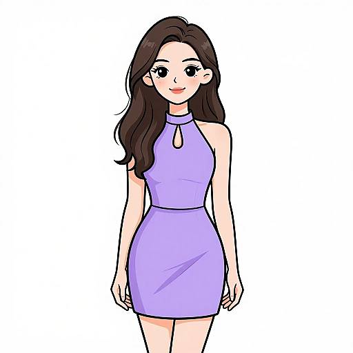 Digital anime-style drawing of a smiling woman with long brown hair, wearing a sleeveless, light purple dress with a keyhole neckline. White background.