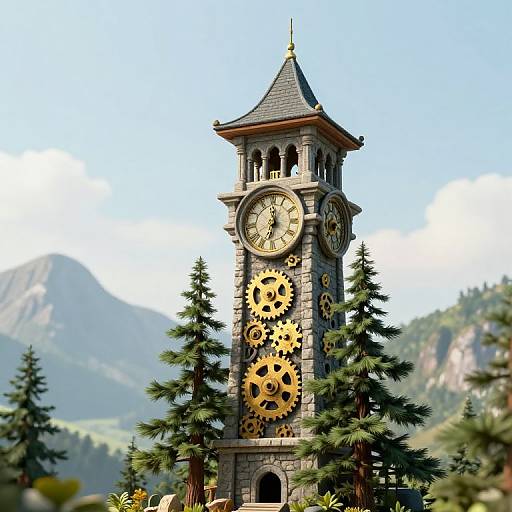 Photorealistic CGI of a stone clock tower with four large golden gears, topped with a black, pointed roof, surrounded by pine trees and mountains under