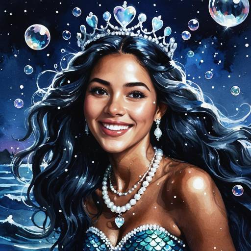 Watercolor Mermaid with Pearl Tiara and Necklace