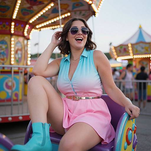 Photograph of a smiling woman with curly brown hair, wearing sunglasses, a gradient blue to pink sleeveless shirt, pink shorts, and turquoise boots,