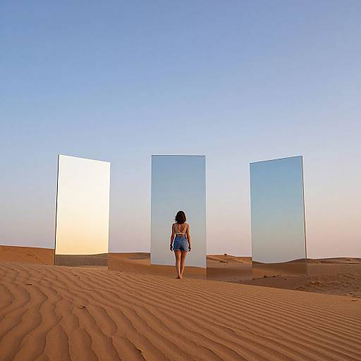 Photograph of a woman with dark hair in a blue dress standing in a desert, facing three mirrored panels under a clear blue sky.