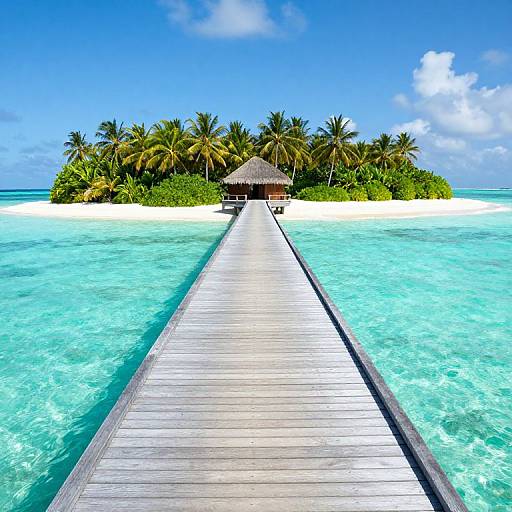 Photograph of a wooden pier extending to a tropical island with palm trees, white sandy beach, and turquoise ocean under a bright blue sky.