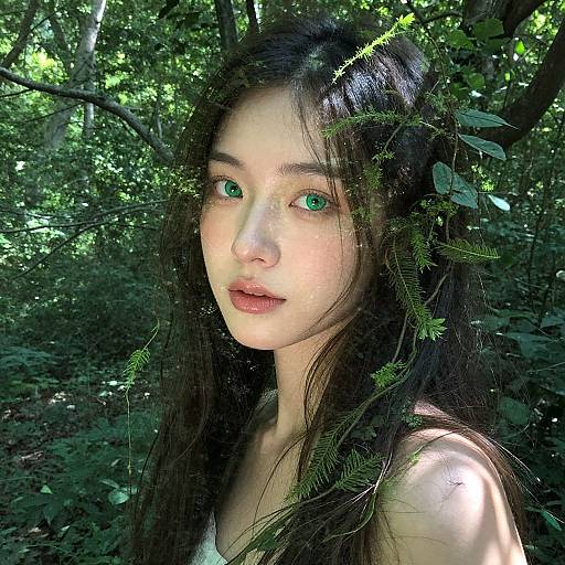 Photograph of a young Asian woman with green eyes, long black hair, and fair skin, surrounded by lush green forest foliage, sunlight filtering through leaves