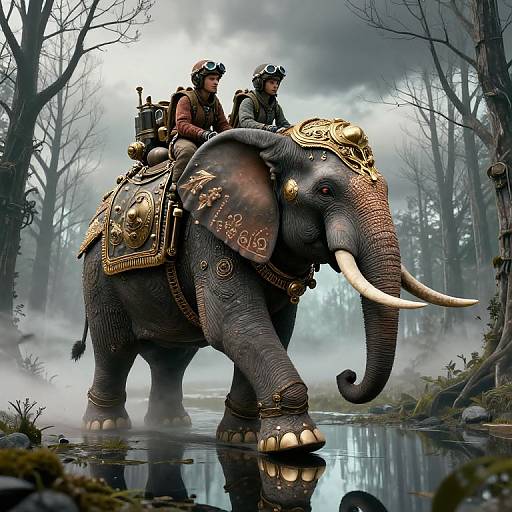 Digital fantasy artwork of two steampunk adventurers riding an ornate, gold-decorated elephant with large tusks through a misty, forested