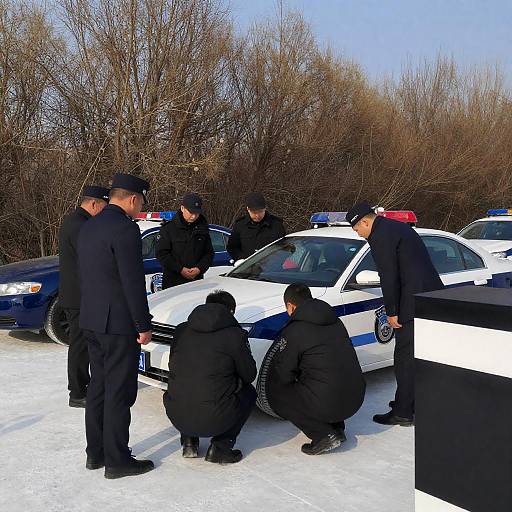 Group Inspecting Police Car in Snow