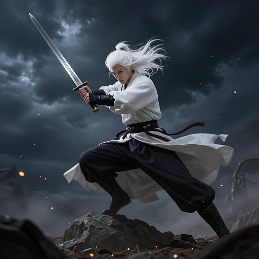 Digital artwork of a white-haired samurai warrior in mid-swing, holding a glowing sword, against a dark, stormy sky with rocks.