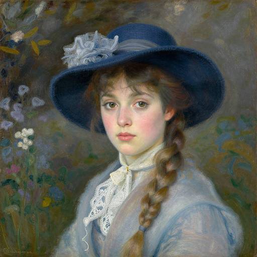 Impressionist-style painting of a young girl with fair skin, brown braided hair, wearing a blue hat with white flower, lace collar, and