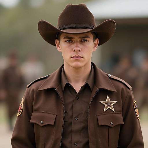 Photograph of a young, serious-looking male Texas Ranger with a black cowboy hat, brown uniform, and star badge, standing outdoors. Blurred background