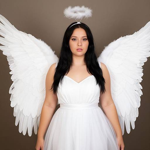 Photograph of a young woman with long black hair, wearing a white angel dress, halo, and large white feathered wings, standing against a dark