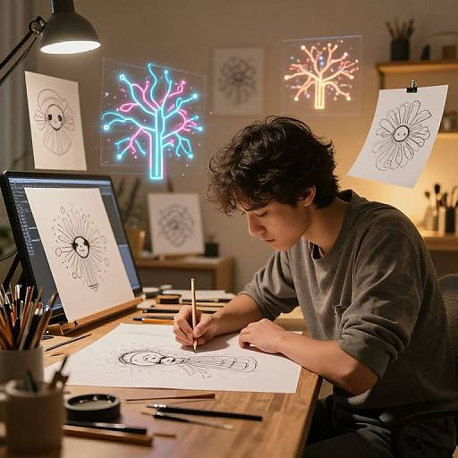 Photograph of a young man with curly brown hair, wearing a gray sweater, drawing at a wooden desk with illuminated, neon-colored sketches in the background