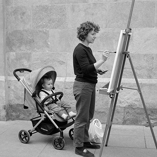 Artistic Woman Painting with Vintage Baby Stroller