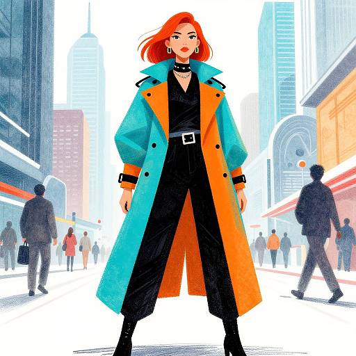 Digital illustration of a confident red-haired woman in a black outfit and orange-blue trench coat, standing in a bustling urban street.