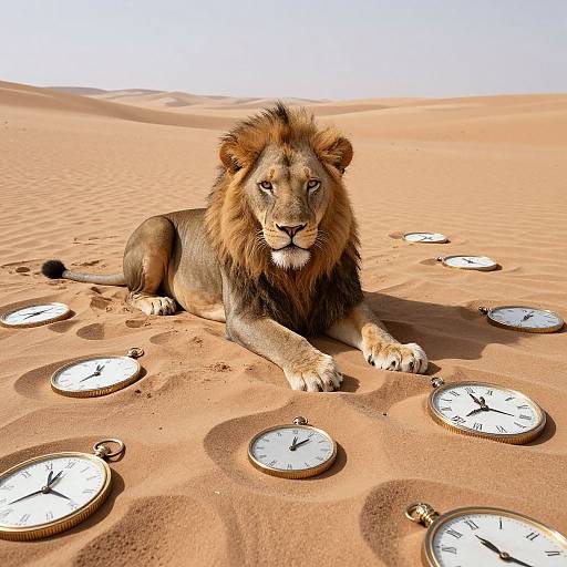 Photograph of a male lion with a dark mane, lying in a desert of sandy dunes, surrounded by nine clock faces embedded in the sand.