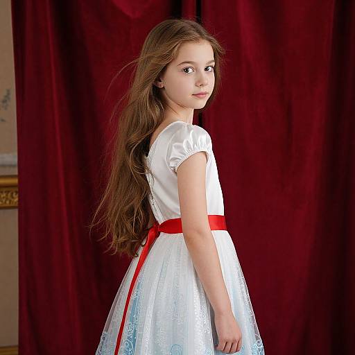 Young girl in elegant dress by red curtain